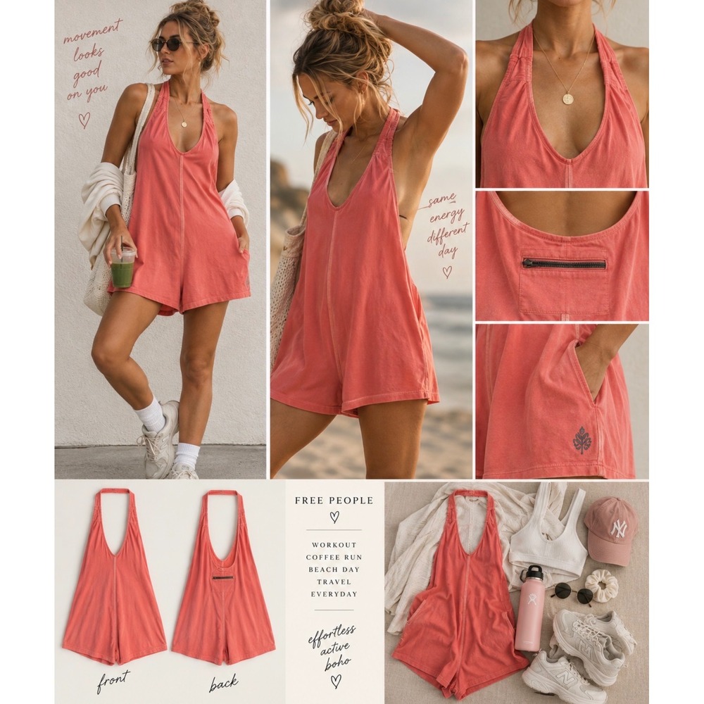 Free People Movement Hot Shot Halter Romper Coral Pink XS S Mini Jumpsuit
